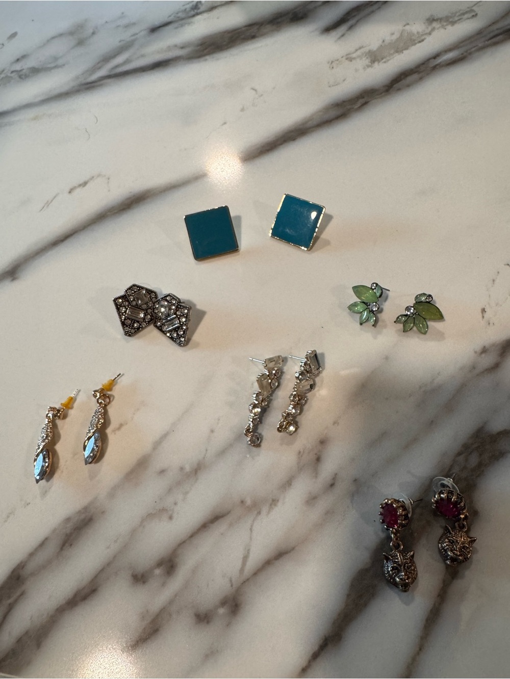 Teal Square Enamel Stud Earrings, art deco, tiger- Women Jewelry: lot of 6 shown